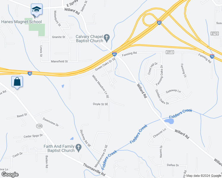 map of restaurants, bars, coffee shops, grocery stores, and more near 2905 Downway Lane Southeast in Winston-Salem