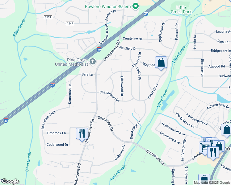 map of restaurants, bars, coffee shops, grocery stores, and more near 1200 Cedarline Lane in Winston-Salem