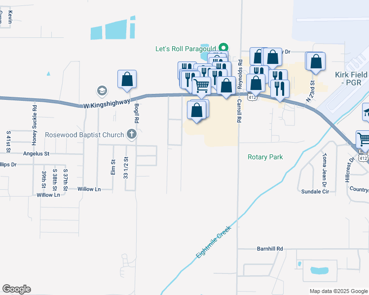 map of restaurants, bars, coffee shops, grocery stores, and more near 412 Magnolia Drive in Paragould