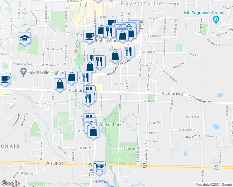 map of restaurants, bars, coffee shops, grocery stores, and more near 693 South Block Avenue in Fayetteville