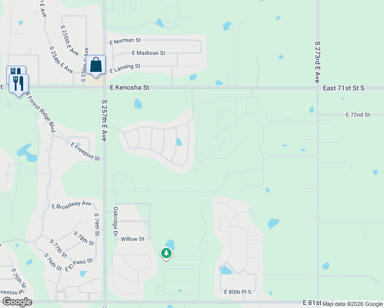 map of restaurants, bars, coffee shops, grocery stores, and more near 317 North 87th Street in Broken Arrow