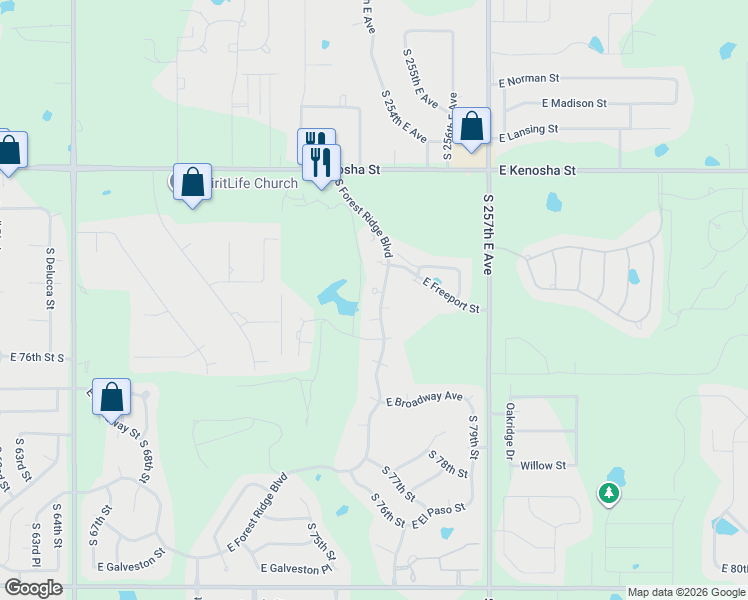 map of restaurants, bars, coffee shops, grocery stores, and more near 400 South Forest Ridge Boulevard in Broken Arrow
