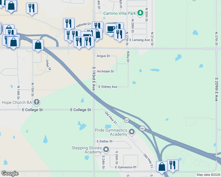 map of restaurants, bars, coffee shops, grocery stores, and more near 2415 East Sidney Avenue in Broken Arrow