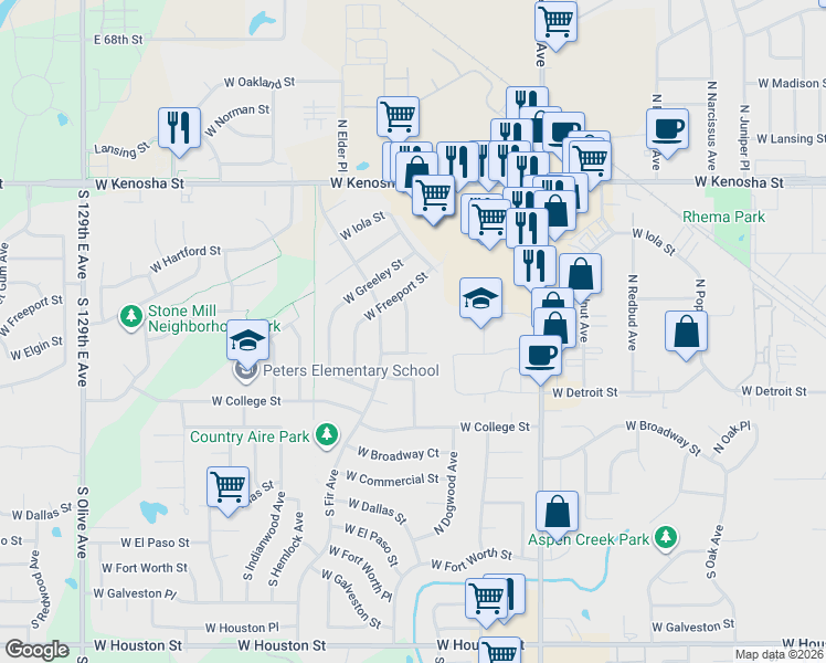 map of restaurants, bars, coffee shops, grocery stores, and more near 2517 West Elgin Street in Broken Arrow