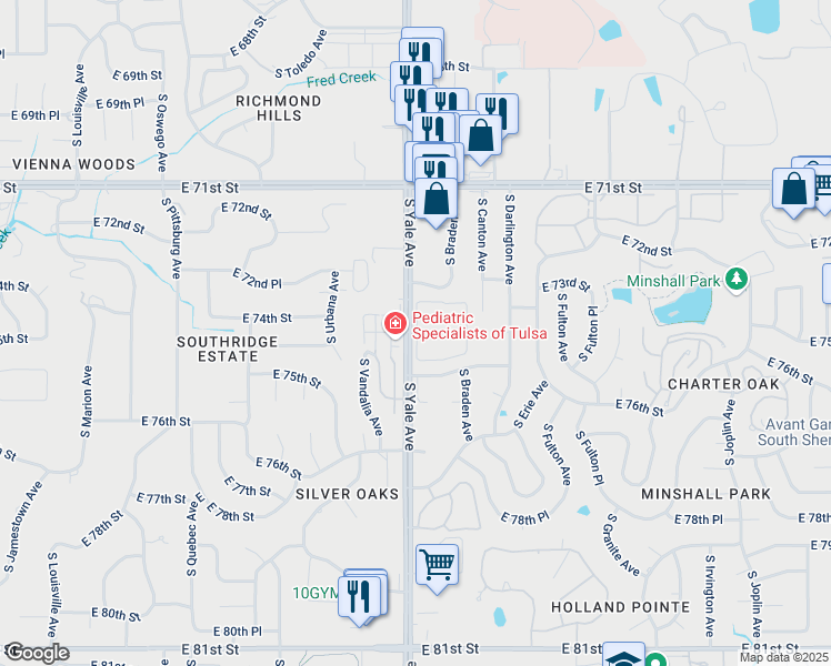 map of restaurants, bars, coffee shops, grocery stores, and more near 7424 South Yale Avenue in Tulsa