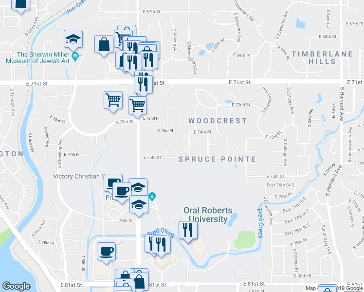 map of restaurants, bars, coffee shops, grocery stores, and more near 2528 East 74th Court in Tulsa