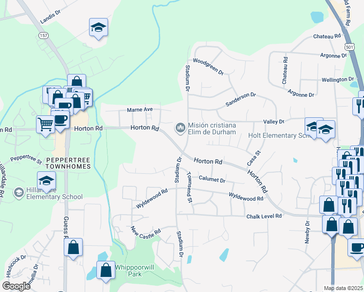 map of restaurants, bars, coffee shops, grocery stores, and more near 1204 Horton Road in Durham