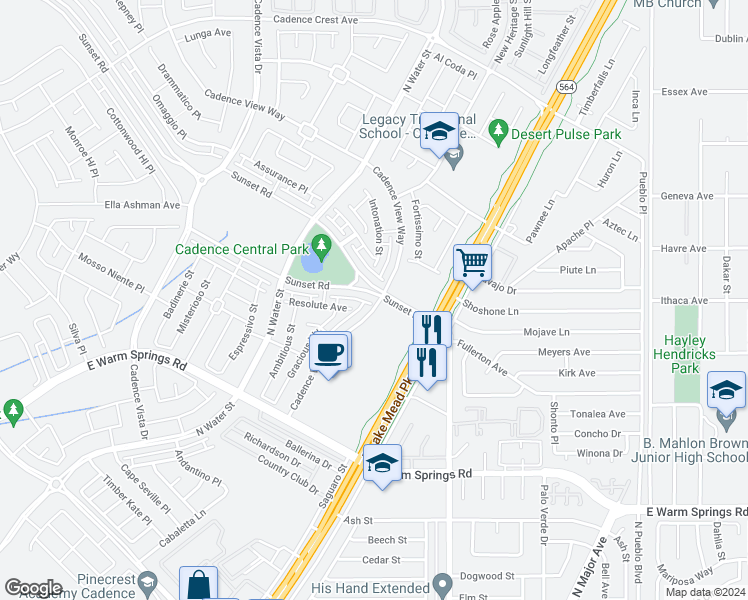 map of restaurants, bars, coffee shops, grocery stores, and more near 1115 East Sunset Road in Henderson
