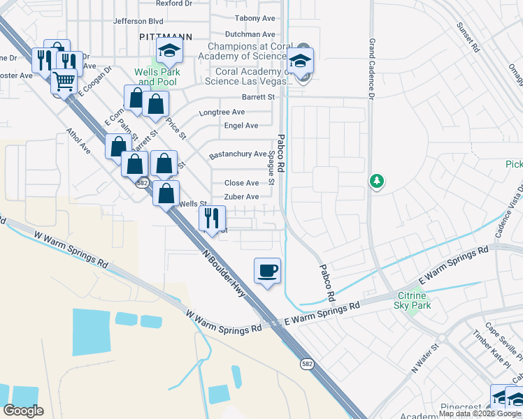 map of restaurants, bars, coffee shops, grocery stores, and more near 588 Sellers Place in Henderson