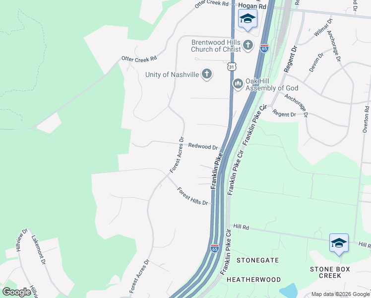 map of restaurants, bars, coffee shops, grocery stores, and more near 5305 Forest Acres Drive in Nashville