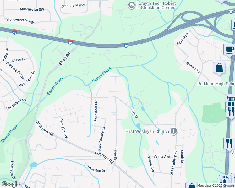 map of restaurants, bars, coffee shops, grocery stores, and more near 1869 Gyro Drive in Winston-Salem