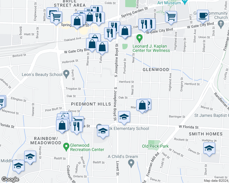map of restaurants, bars, coffee shops, grocery stores, and more near 1501 Trogdon Street in Greensboro