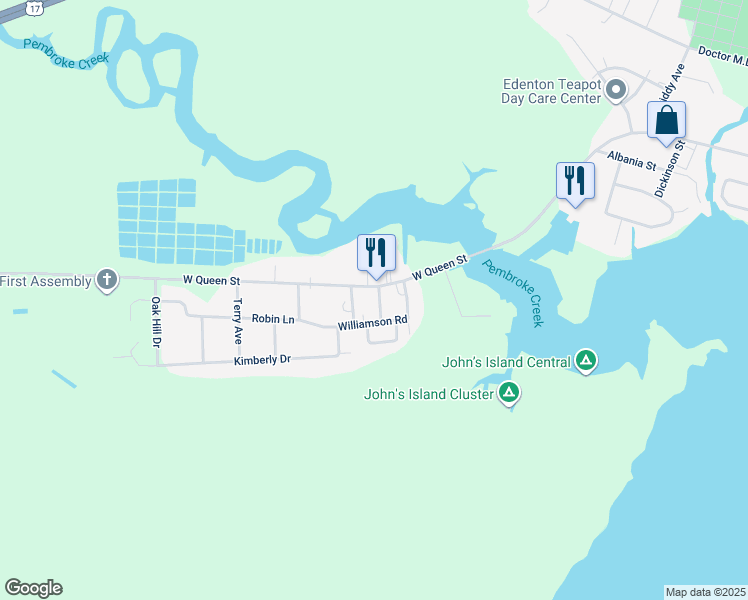 map of restaurants, bars, coffee shops, grocery stores, and more near 101 Hewes Street in Edenton