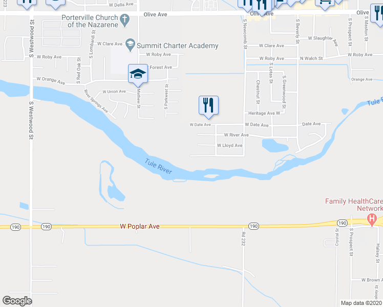 map of restaurants, bars, coffee shops, grocery stores, and more near 1786 River Springs Drive in Porterville