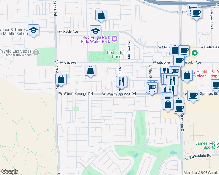 map of restaurants, bars, coffee shops, grocery stores, and more near 9050 West Warm Springs Road in Las Vegas