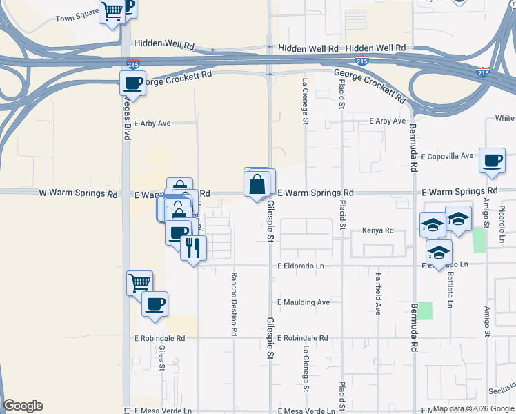 map of restaurants, bars, coffee shops, grocery stores, and more near 187 East Warm Springs Road in Las Vegas