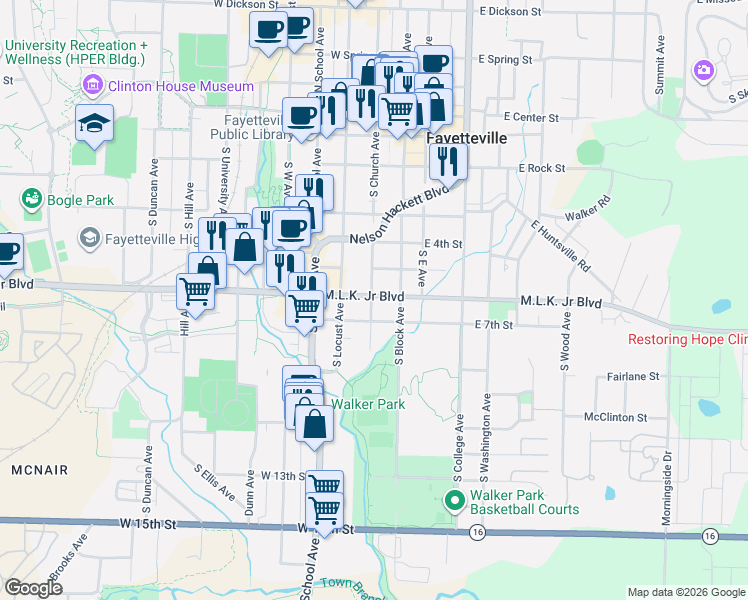 map of restaurants, bars, coffee shops, grocery stores, and more near 217 West 7th Street in Fayetteville