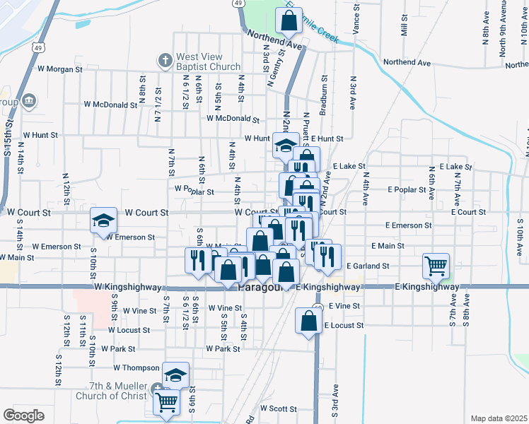 map of restaurants, bars, coffee shops, grocery stores, and more near in Paragould