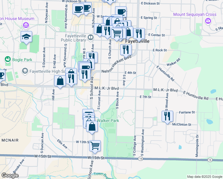 map of restaurants, bars, coffee shops, grocery stores, and more near 175 Martin Luther King Junior Boulevard in Fayetteville