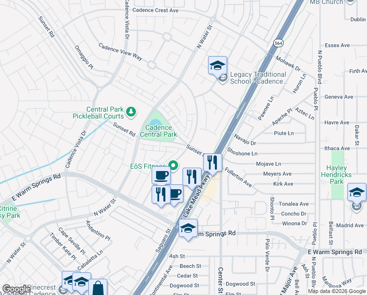 map of restaurants, bars, coffee shops, grocery stores, and more near 357 Cadence View Way in Henderson