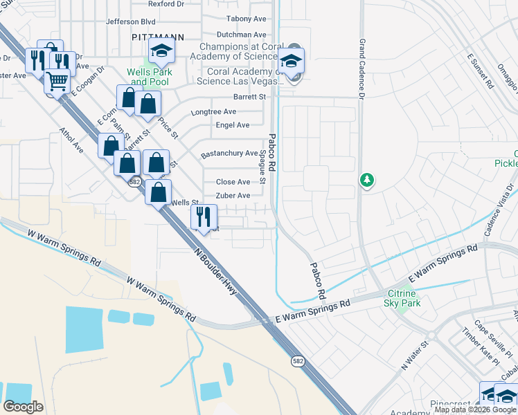 map of restaurants, bars, coffee shops, grocery stores, and more near 557 Zuber Avenue in Henderson