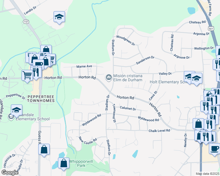 map of restaurants, bars, coffee shops, grocery stores, and more near 1204 Horton Road in Durham