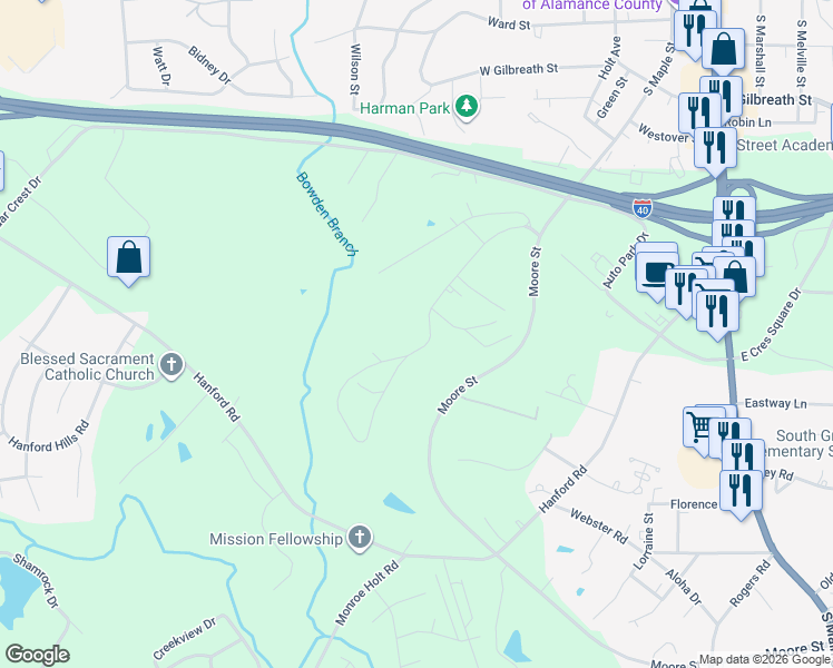 map of restaurants, bars, coffee shops, grocery stores, and more near 1141 Gant Rd in Graham