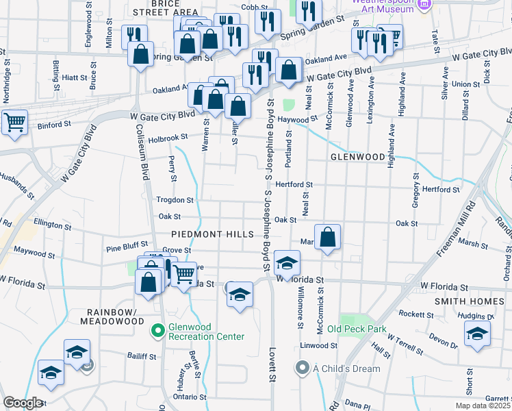 map of restaurants, bars, coffee shops, grocery stores, and more near 1509 Trogdon Street in Greensboro