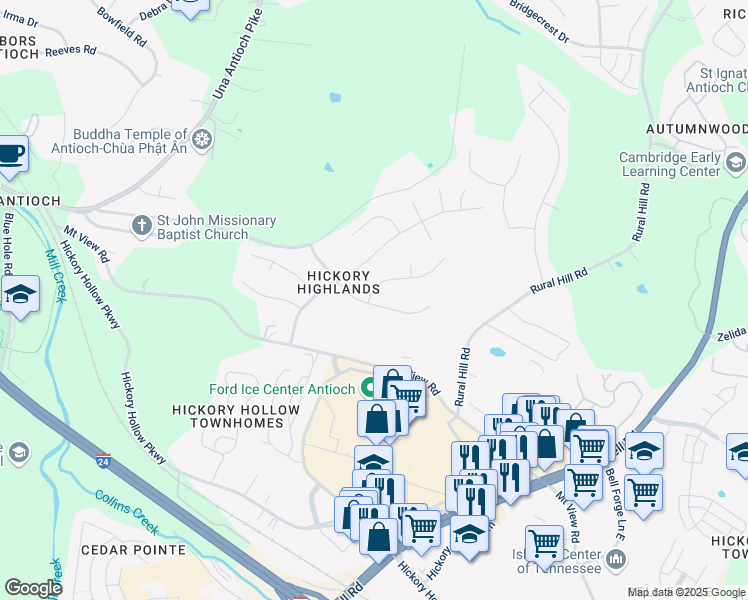 map of restaurants, bars, coffee shops, grocery stores, and more near 4517 Highland Ridge Drive in Nashville