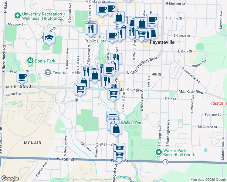 map of restaurants, bars, coffee shops, grocery stores, and more near 557 South School Avenue in Fayetteville