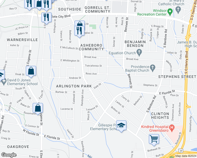 map of restaurants, bars, coffee shops, grocery stores, and more near 719 Dorothy Brown Street in Greensboro
