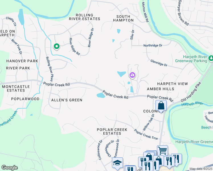 map of restaurants, bars, coffee shops, grocery stores, and more near 8036 Poplar Creek Road in Nashville