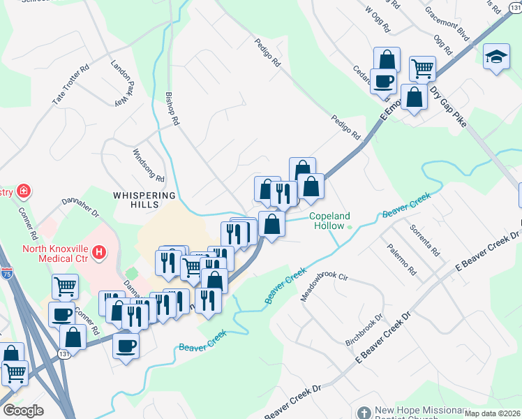 map of restaurants, bars, coffee shops, grocery stores, and more near 925 Chip Cove Lane in Knoxville