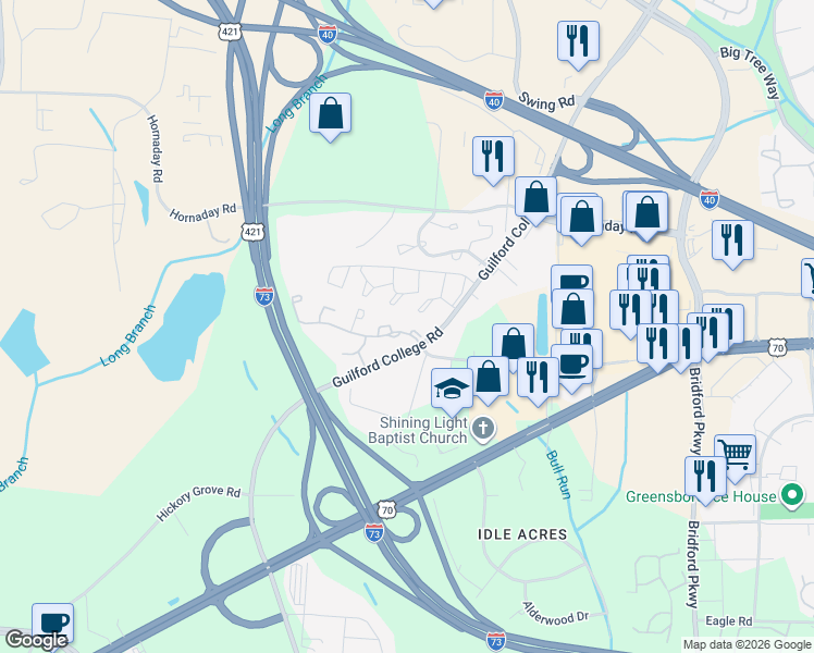 map of restaurants, bars, coffee shops, grocery stores, and more near 800 Spruill Court in Greensboro
