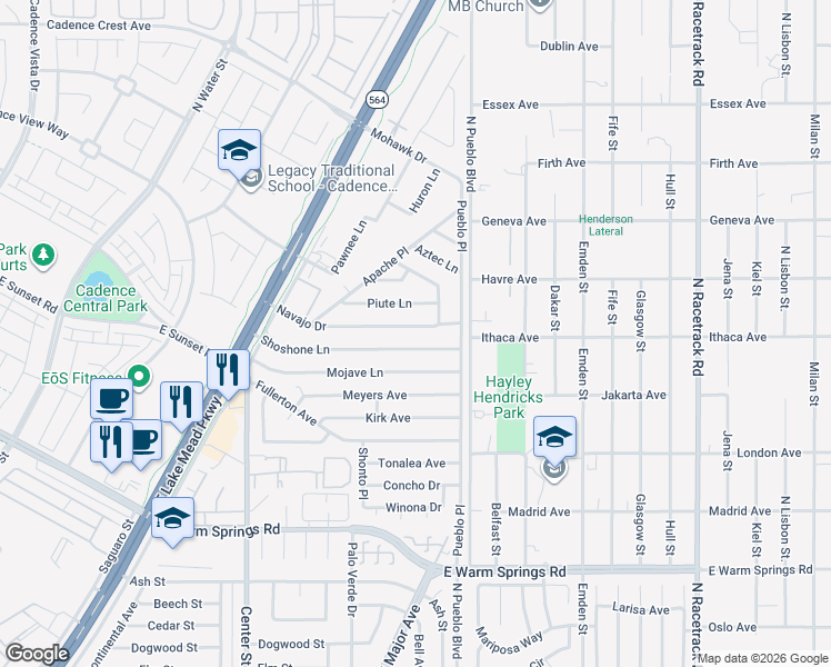 map of restaurants, bars, coffee shops, grocery stores, and more near 246 Piute Lane in Henderson