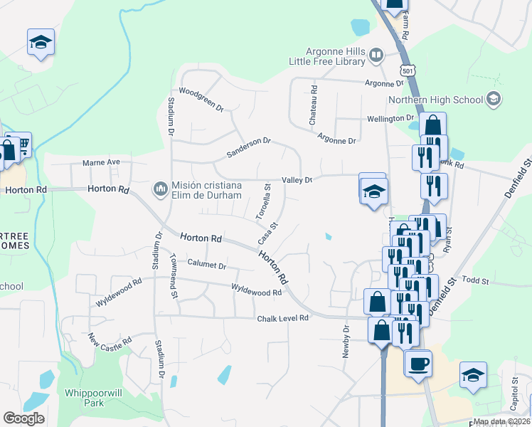 map of restaurants, bars, coffee shops, grocery stores, and more near 12 Madrid Lane in Durham