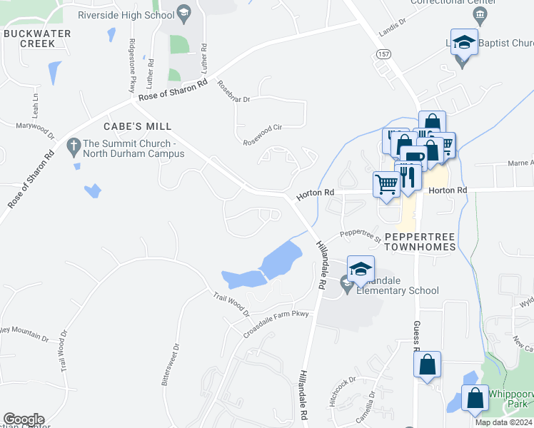 map of restaurants, bars, coffee shops, grocery stores, and more near 2303 Timberview Drive in Durham
