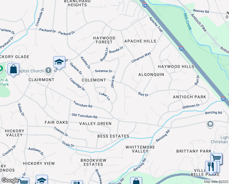 map of restaurants, bars, coffee shops, grocery stores, and more near 5005 Olivia Drive in Nashville