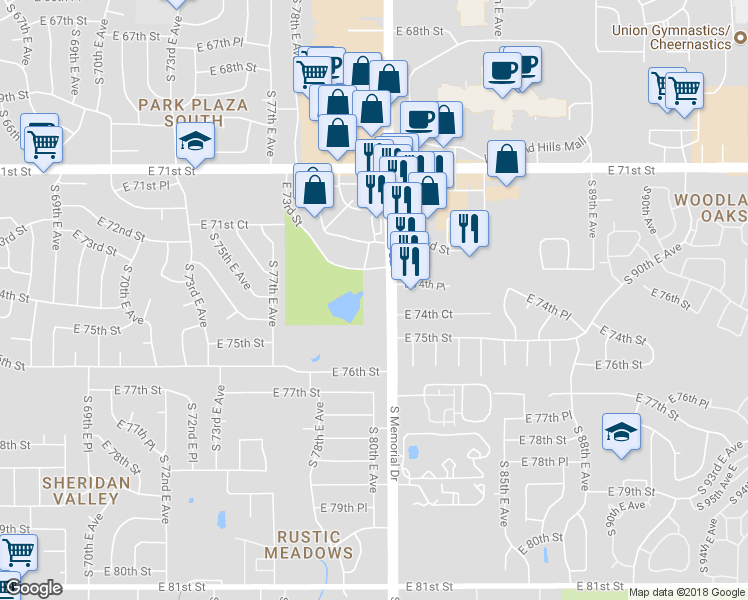 map of restaurants, bars, coffee shops, grocery stores, and more near 7334 South Memorial Drive in Tulsa