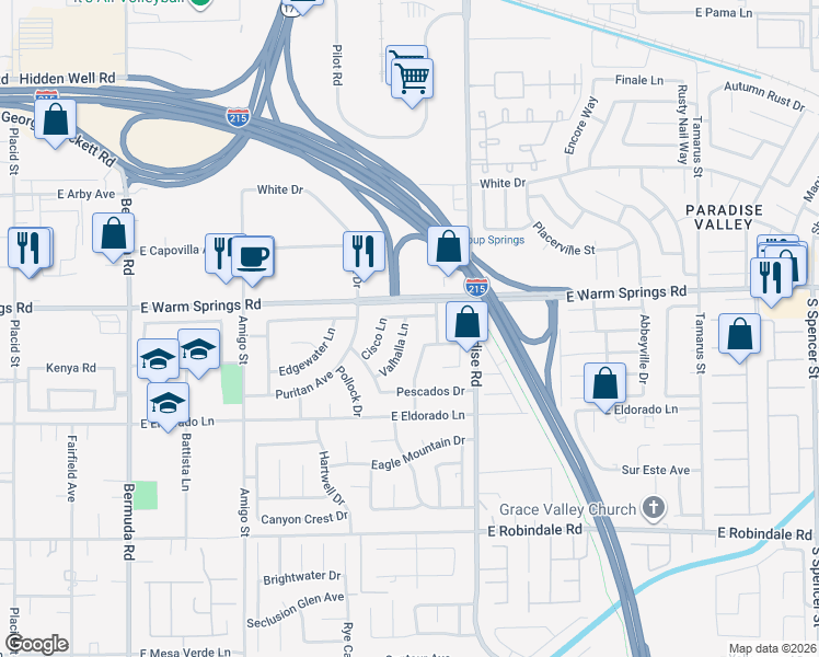 map of restaurants, bars, coffee shops, grocery stores, and more near 7374 Valhalla Lane in Las Vegas