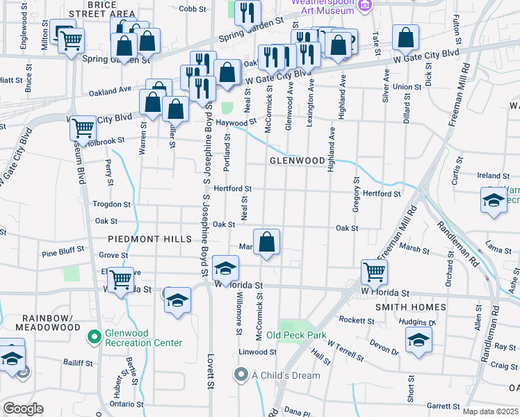 map of restaurants, bars, coffee shops, grocery stores, and more near 1112 McCormick Street in Greensboro