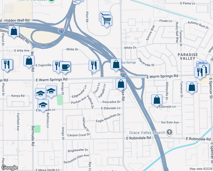 map of restaurants, bars, coffee shops, grocery stores, and more near 7374 Valhalla Lane in Las Vegas