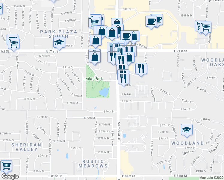 map of restaurants, bars, coffee shops, grocery stores, and more near 7334 South Memorial Drive in Tulsa