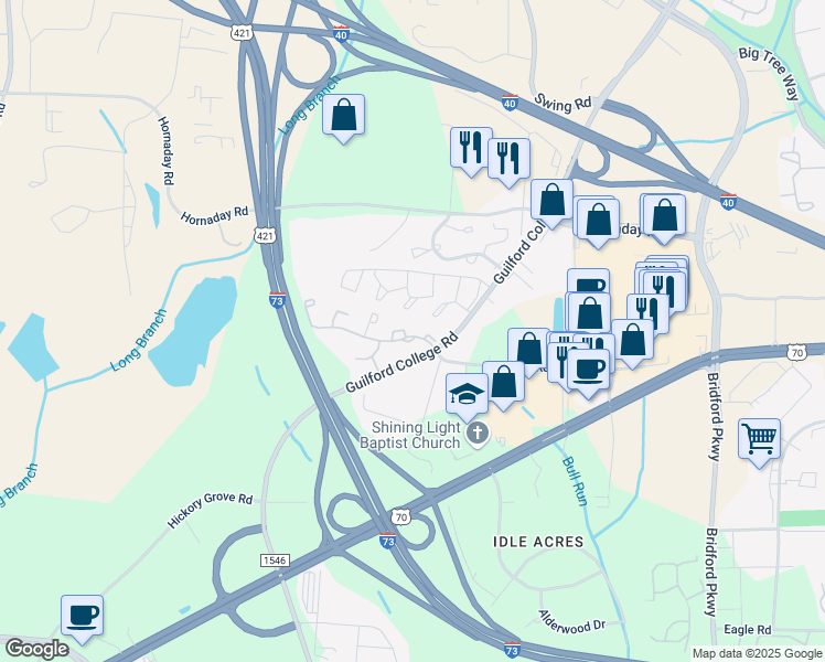 map of restaurants, bars, coffee shops, grocery stores, and more near 5725 Bramblegate Road in Greensboro