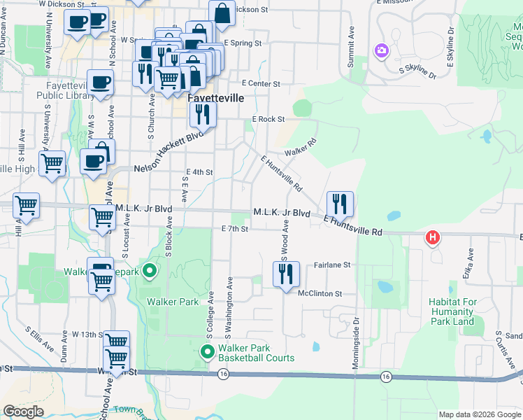 map of restaurants, bars, coffee shops, grocery stores, and more near 506 South Willow Avenue in Fayetteville