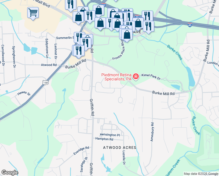 map of restaurants, bars, coffee shops, grocery stores, and more near Homestead Hills Drive in Winston-Salem