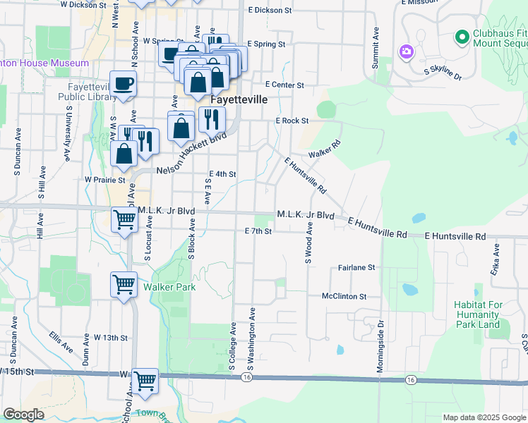 map of restaurants, bars, coffee shops, grocery stores, and more near 526 South Washington Avenue in Fayetteville