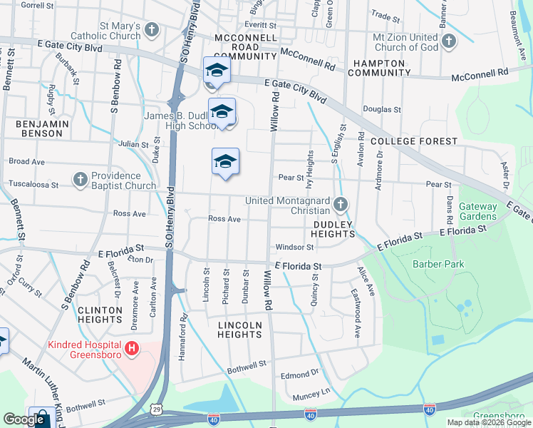 map of restaurants, bars, coffee shops, grocery stores, and more near 1400 Willow Road in Greensboro