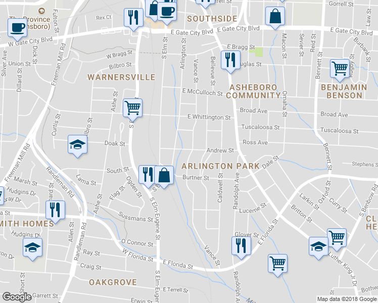 map of restaurants, bars, coffee shops, grocery stores, and more near 1200 Vance Street in Greensboro