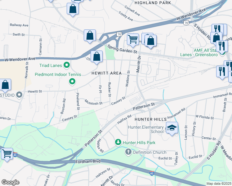 map of restaurants, bars, coffee shops, grocery stores, and more near 1008 Cranbrook Street in Greensboro